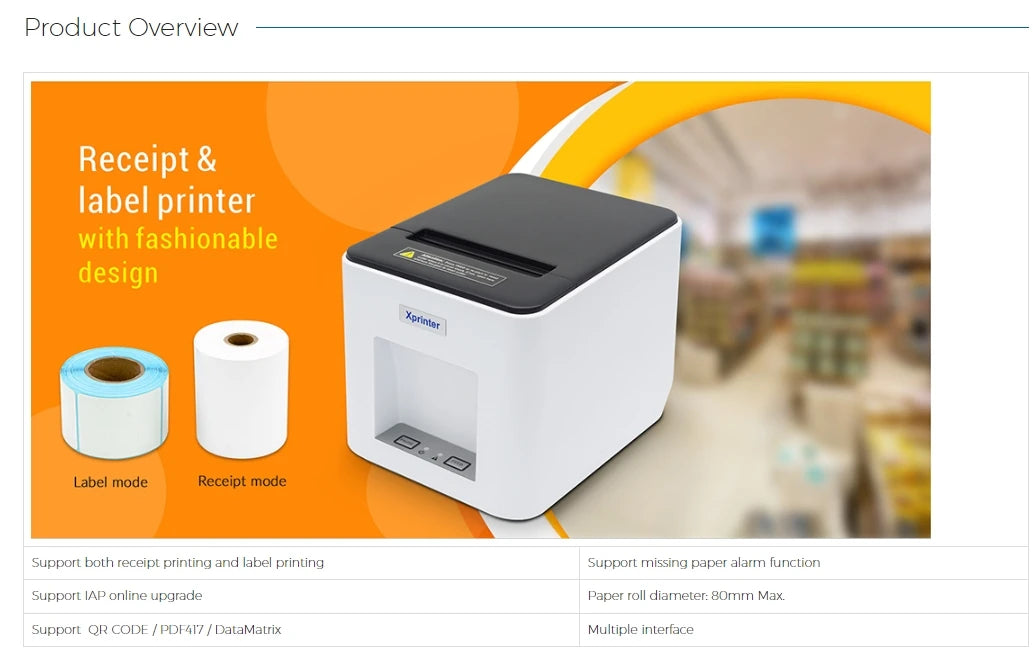 Xprinter 2-in-1 Label Receipt Printer 80mm Bluetooth/USB Printer for Windows/Android XP-T361U