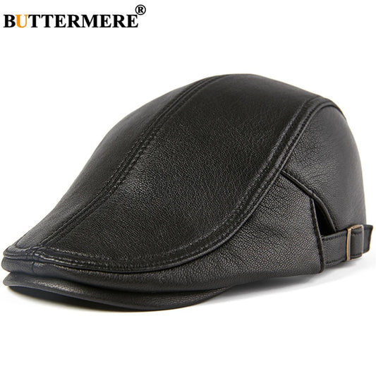 BUTTERMERE Men Beret Hat Real Leather Flat Cap Sheepskin Autumn Winter Male Brown Adjustable High Quality Mens Beret Caps
