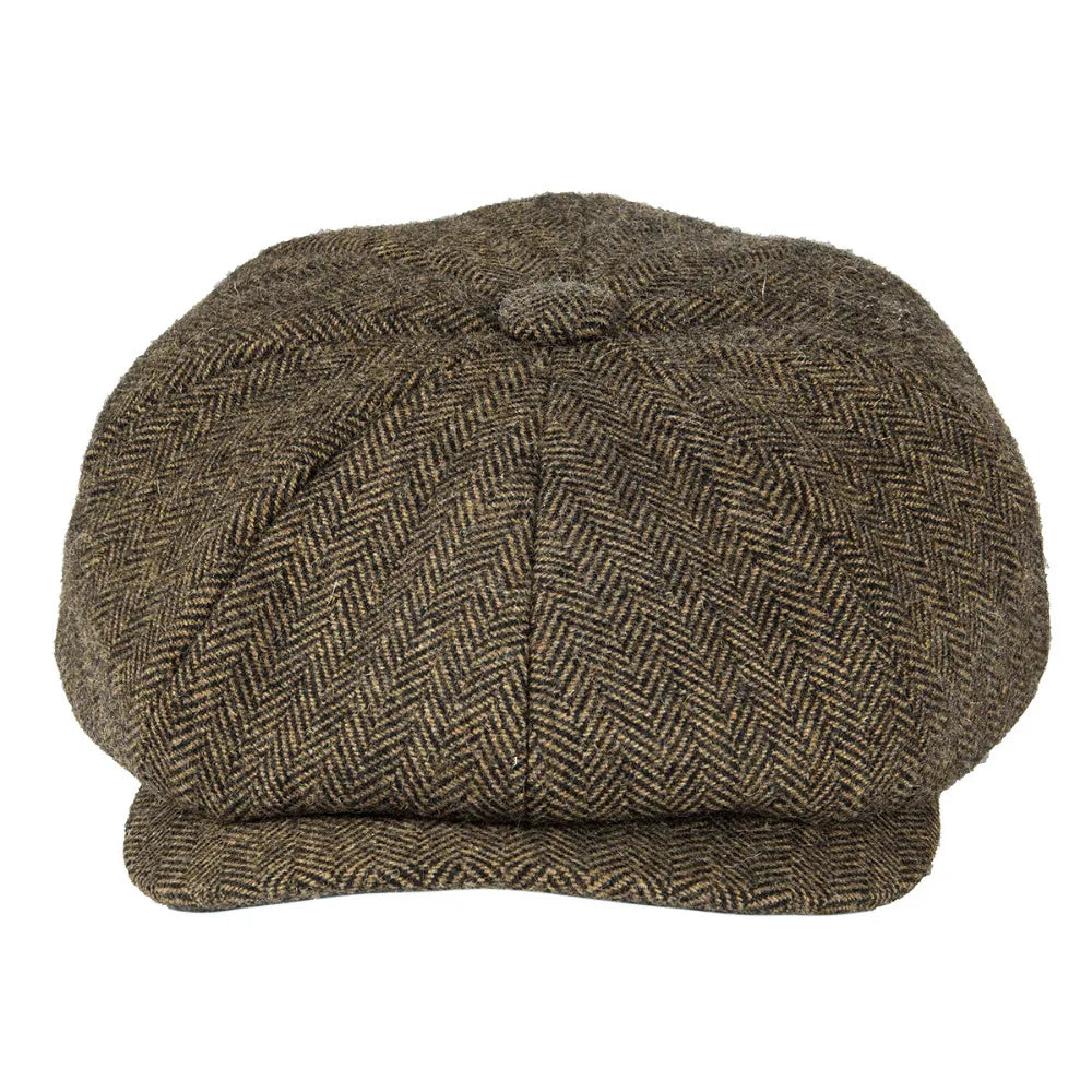 Wool Herringbone Newsboy Cap – Classic British Driver Flat Cap for Men