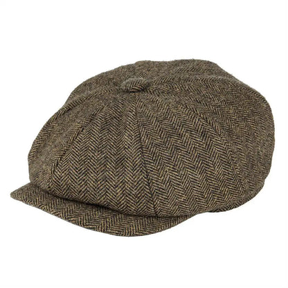 Wool Herringbone Newsboy Cap – Classic British Driver Flat Cap for Men