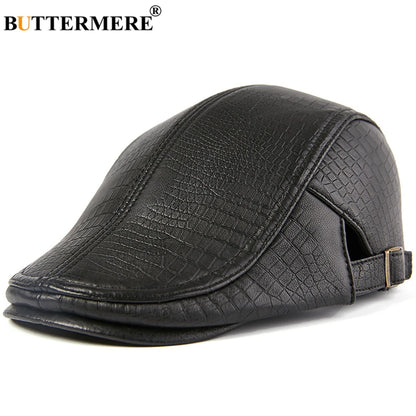 BUTTERMERE Men Beret Hat Real Leather Flat Cap Sheepskin Autumn Winter Male Brown Adjustable High Quality  Mens Beret Caps