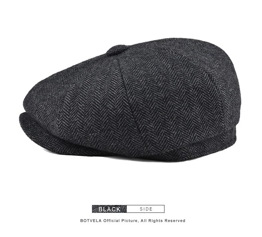 Wool Herringbone Newsboy Cap – Classic British Driver Flat Cap for Men
