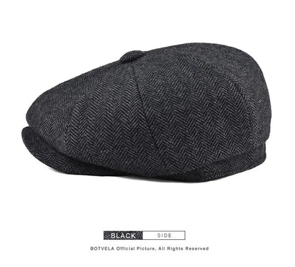 Wool Herringbone Newsboy Cap – Classic British Driver Flat Cap for Men