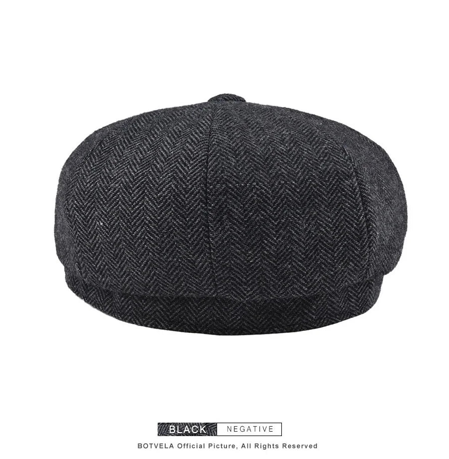 Wool Herringbone Newsboy Cap – Classic British Driver Flat Cap for Men