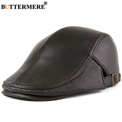 BUTTERMERE Men Beret Hat Real Leather Flat Cap Sheepskin Autumn Winter Male Brown Adjustable High Quality  Mens Beret Caps