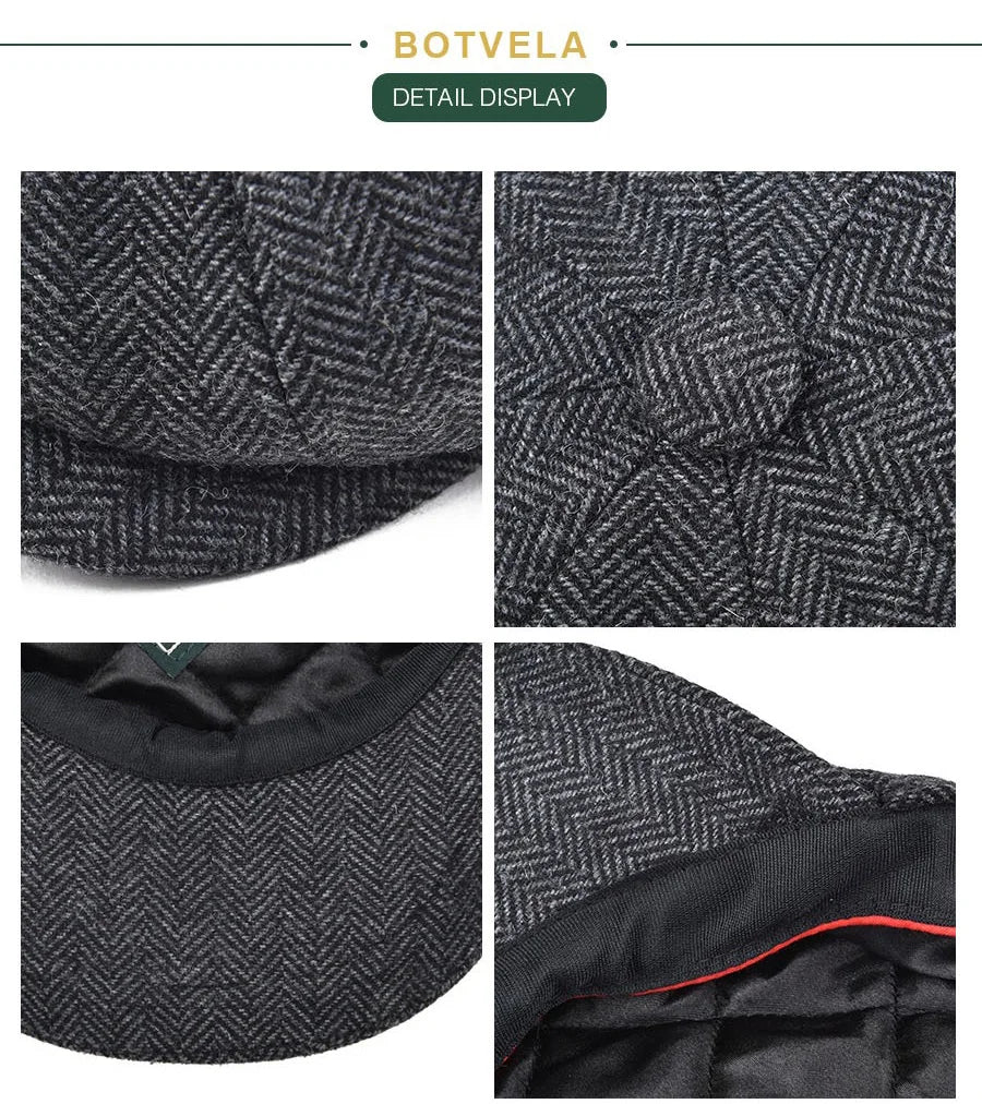Wool Herringbone Newsboy Cap – Classic British Driver Flat Cap for Men