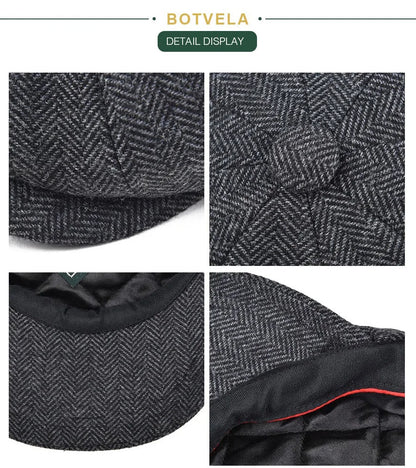Wool Herringbone Newsboy Cap – Classic British Driver Flat Cap for Men