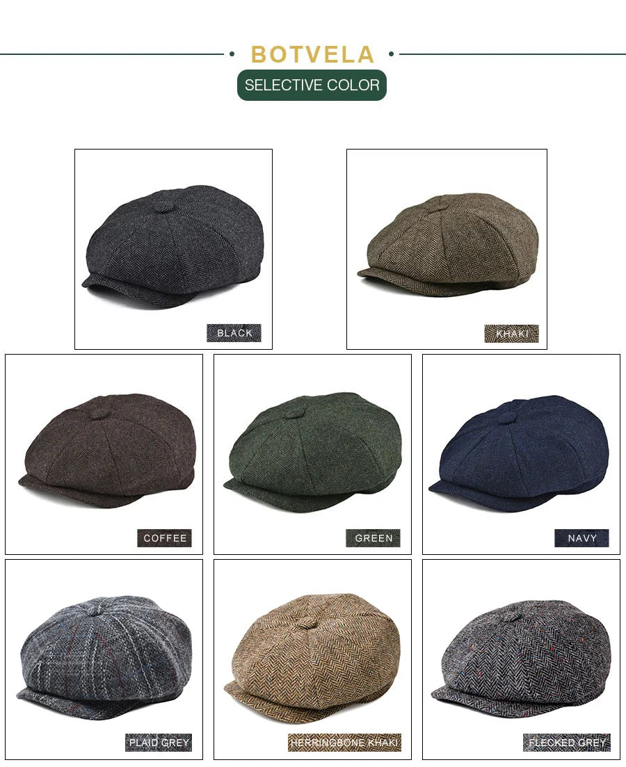 Wool Herringbone Newsboy Cap – Classic British Driver Flat Cap for Men