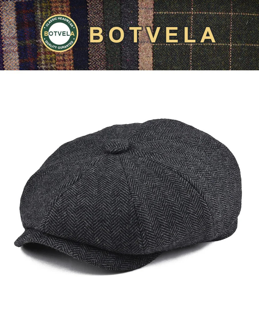 Wool Herringbone Newsboy Cap – Classic British Driver Flat Cap for Men