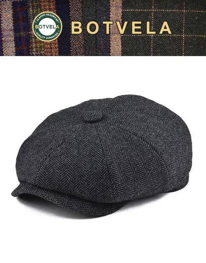 Wool Herringbone Newsboy Cap – Classic British Driver Flat Cap for Men