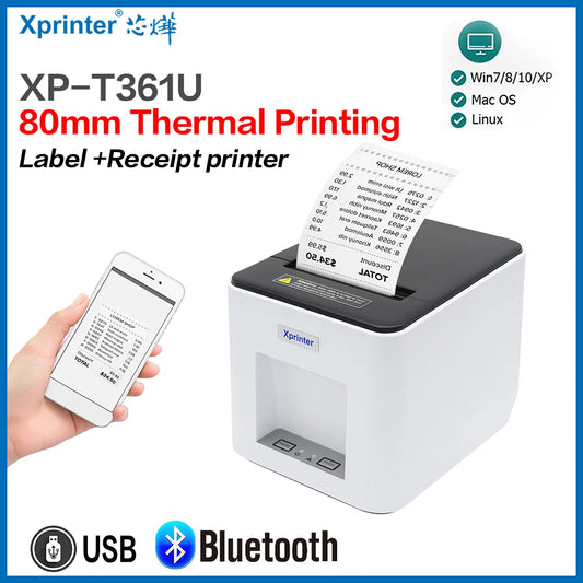 Xprinter 2-in-1 Label Receipt Printer 80mm Bluetooth/USB Printer for Windows/Android XP-T361U