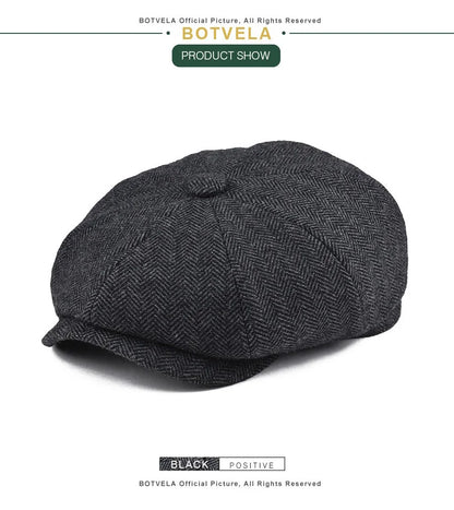 Wool Herringbone Newsboy Cap – Classic British Driver Flat Cap for Men