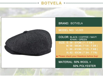 Wool Herringbone Newsboy Cap – Classic British Driver Flat Cap for Men
